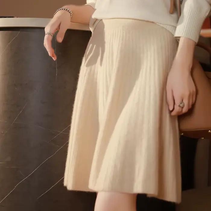 Femmes élégantes 100% laine tricoté jupe mode coréenne solide décontracté une ligne dames plissée