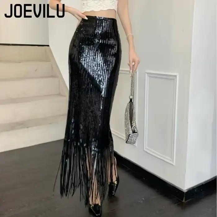 Jupe moulante à franges à paillettes