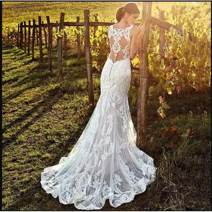 Robe de mariée sirène sexy à col en V et fines bretelles, style français amincissant et élégant, avec effet de transparence, personnalisable