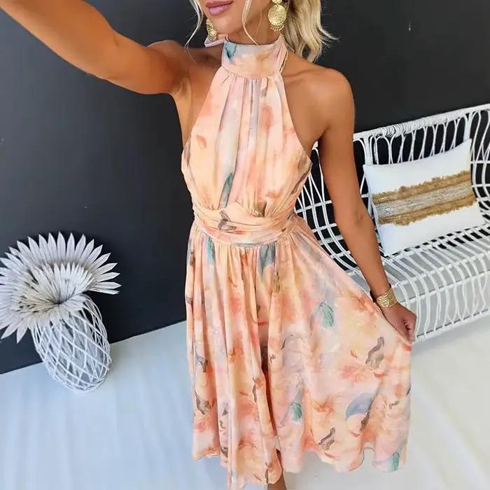 Robe longue femmes imprimer robes licou cou sans manches dos nu à lacets Maxi