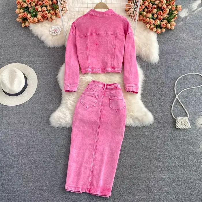 Denim 2 pièces ensembles veste jupe femmes costume jupes longues tenues d'extérieur simple boutonnage poches lavé manteau Ensemble 2025