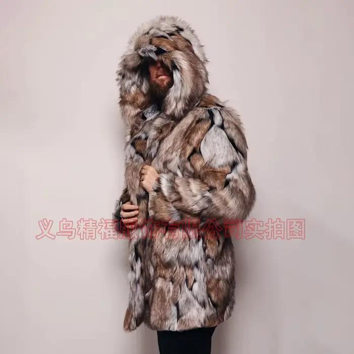 Hommes fausse fourrure veste manteau à capuche mi-longue pardessus hiver chaud épais moelleux Shaggy Vintage affaires décontracté 2025 vêtements d'extérieur