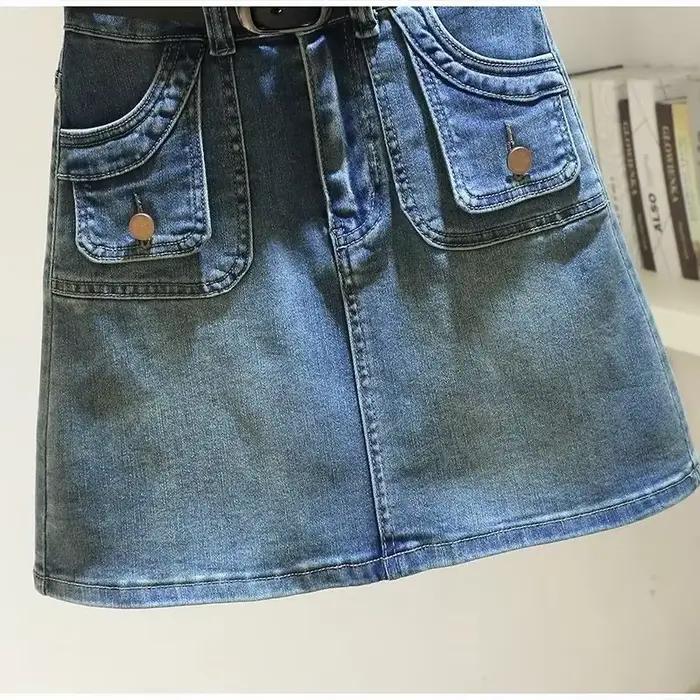 Jupe courte en jean bleu pour femme, mini jupe en jean avec poche, fermeture éclair, taille haute, sexy, rond, premium, V