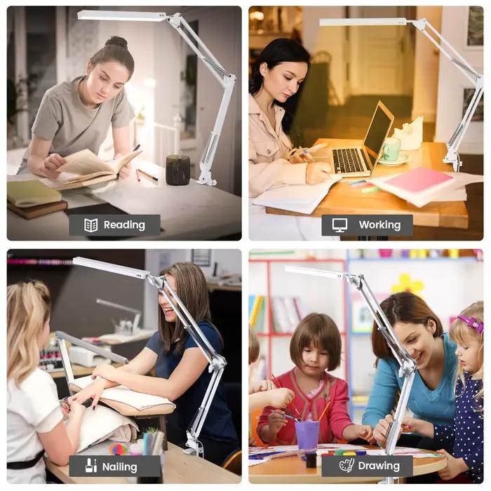 Lampe de bureau LED à bras long, pince pliable, lumière de soin des yeux réglable avec 3 modes de couleur, variable pour lire, les études et les travaux de bureau