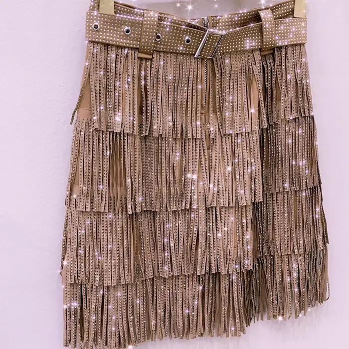 Femmes jupe mode 2025 nouveau automne taille haute ceinture multicouche courte lourde forage strass