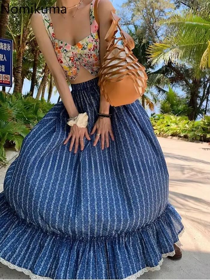 Jupe Saia Trapèze Rayée Coton Polyester Femme Occasions Spéciales Été 2025 Volants Décoratifs