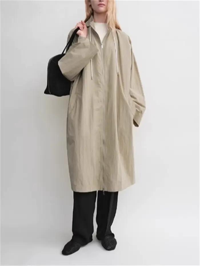 Veste mi-longue à capuche pour femme, Trench-Coat Long à manches longues, coupe ample, fermeture éclair, pour l'automne et l'hiver