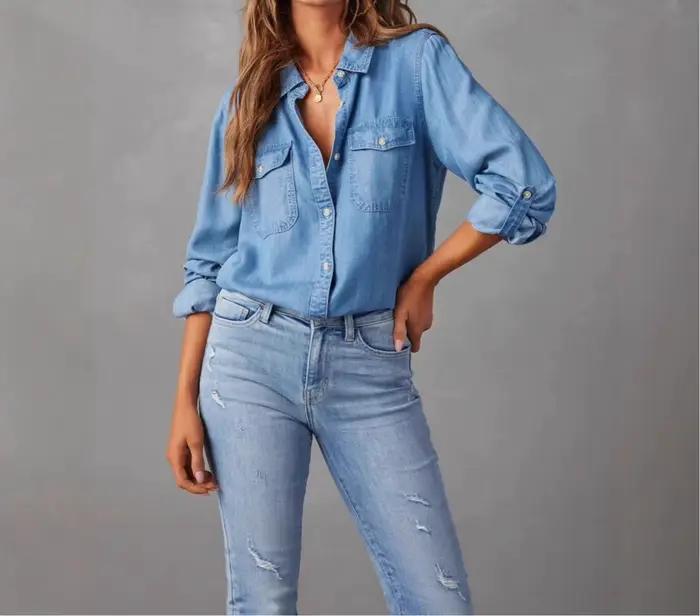 2025 nouvelle chemise en jean automne mode décontracté revers simple boutonnage femmes chemise à manches longues