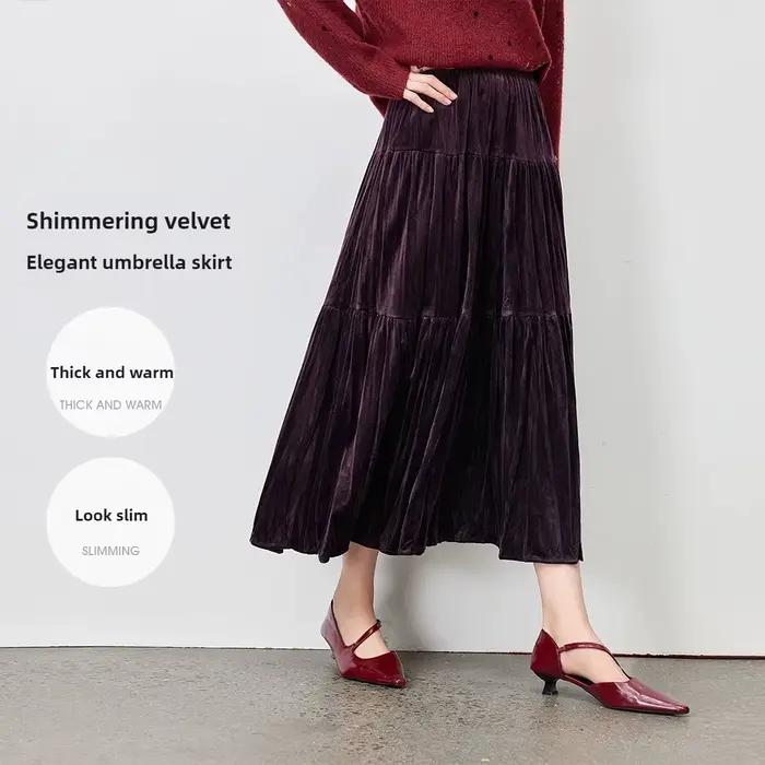 Jupe en velours Sentubila pour femme, élégante jupe à volants, automne-hiver 2026, polyester doux, taille élastique, design moderne, coupe ample trapèze, idéale pour le bureau et les soirées chic