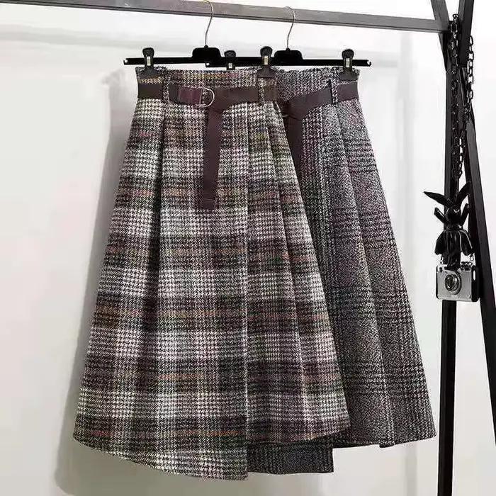 Jupe femme grande taille Tweed Plaid automne hiver a-ligne mi-longue plissée irrégulière Vintage vêtements