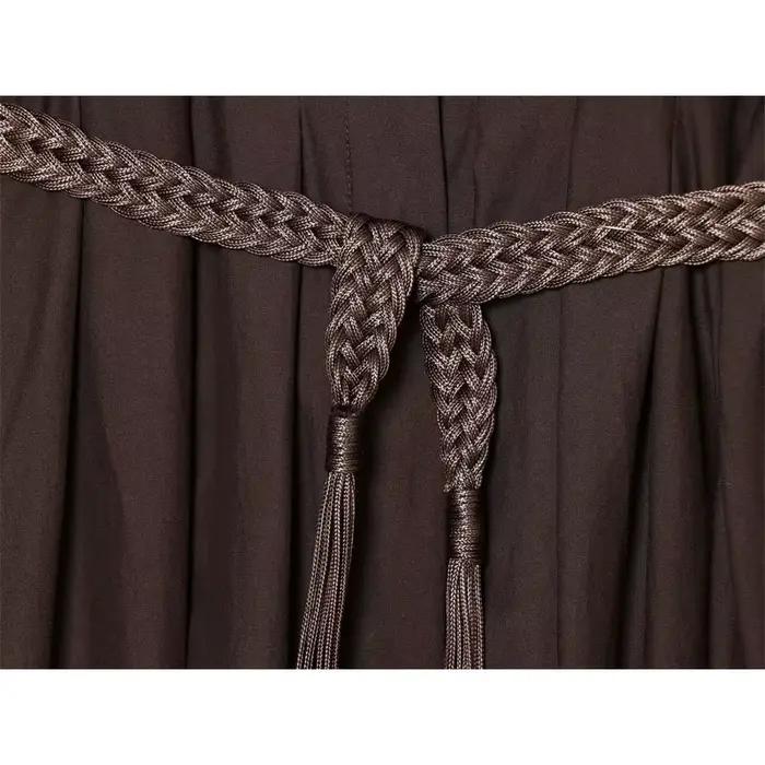 Robe midi élégante en satin marron pour femme, à manches courtes, col en V, avec ceinture à franges tressées et lien à nouer à la taille, couleur unie