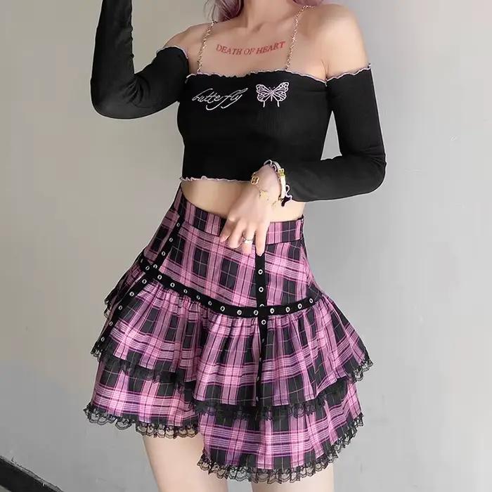 Lolita gâteau Mini jupes gothique japonais Harajuku filles violet rose Plaid jupe plissée Punk doux dentelle Kawaii Cosplay Costume