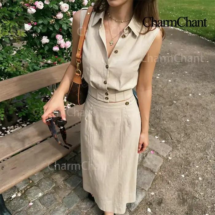 CHARMCHANT Ensemble jupe élégante en lin pour femme
