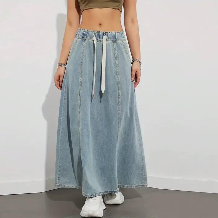 Jupes longues en Denim pour femmes, cordon élastique, taille haute, ligne A, évasée, pour printemps et automne, Streetwear Y2K