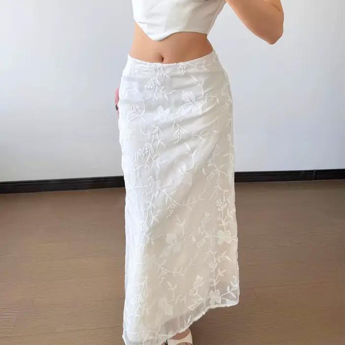 Jupe longue droite polyvalente taille haute brodée en dentelle blanche pure style rétro français pour femme, design printanier, coupe ajustée