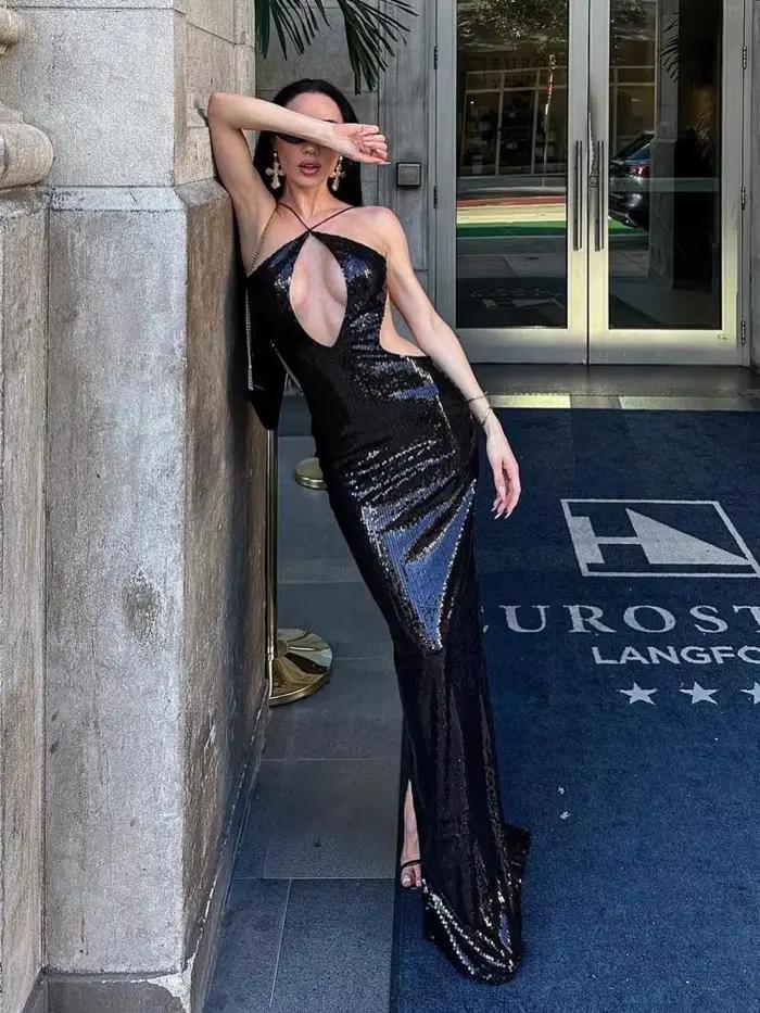Robe longue noire sexy à paillettes dos nu profond décolleté plongeant pour soirées de club anniversaires DJ femmes sans manches polyester