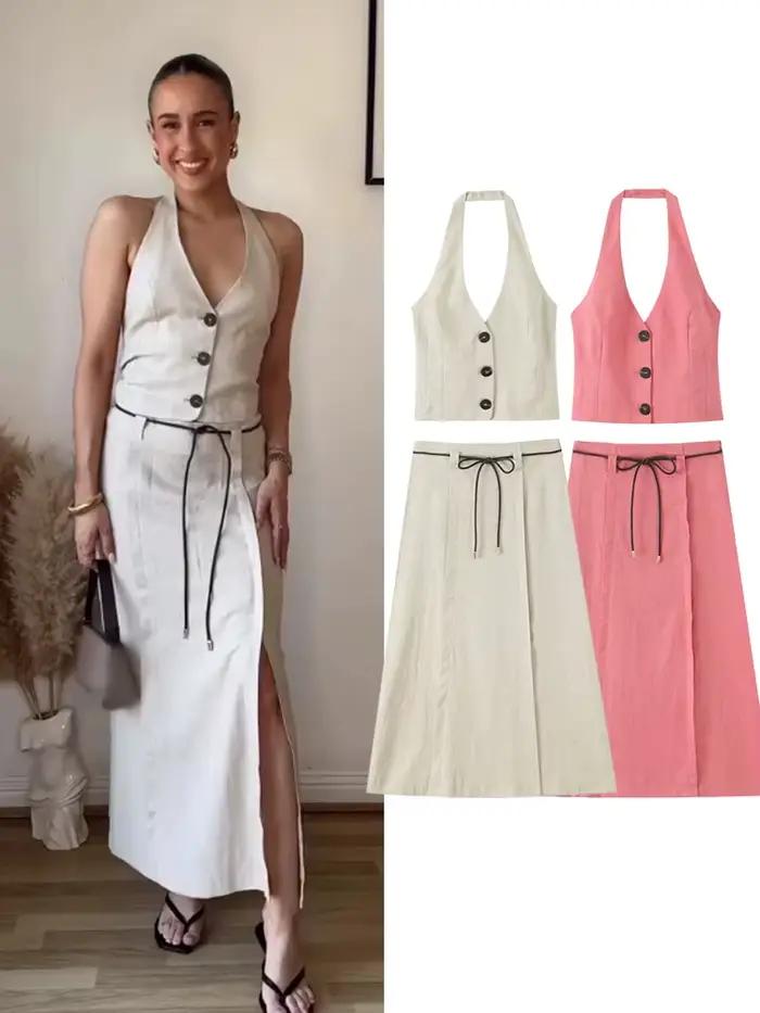 HH femmes jupe ensemble col en v simple boutonnage solide court gilet haut + mode taille haute fermeture éclair ourlet