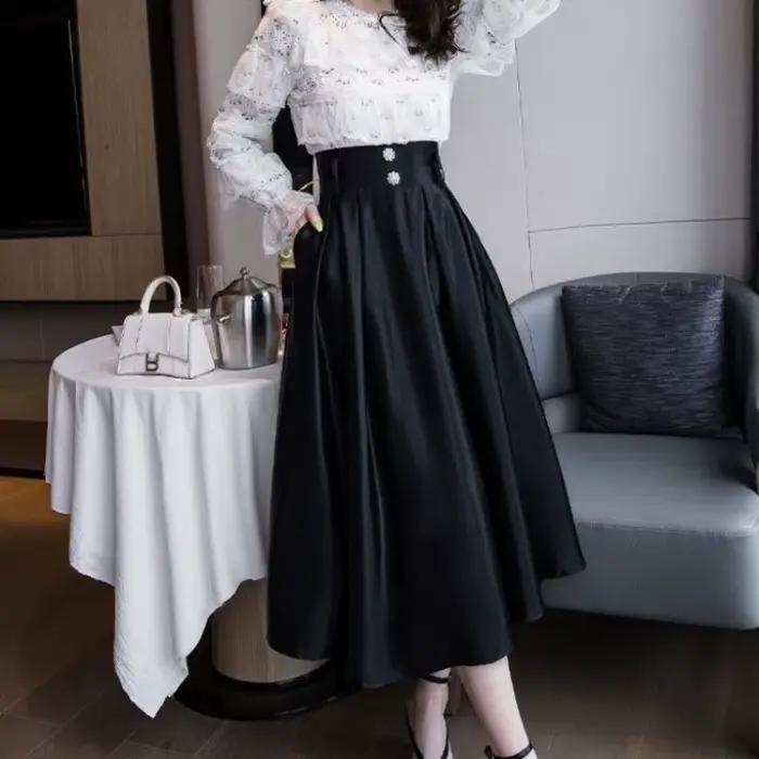 Jupe midi noire taille haute pour femme