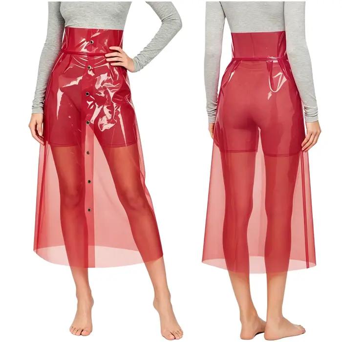 Jupe moulante transparente en PVC pour femme, taille haute, boutons pression sur le devant, jupe crayon mi-longue pour la danse de nuit