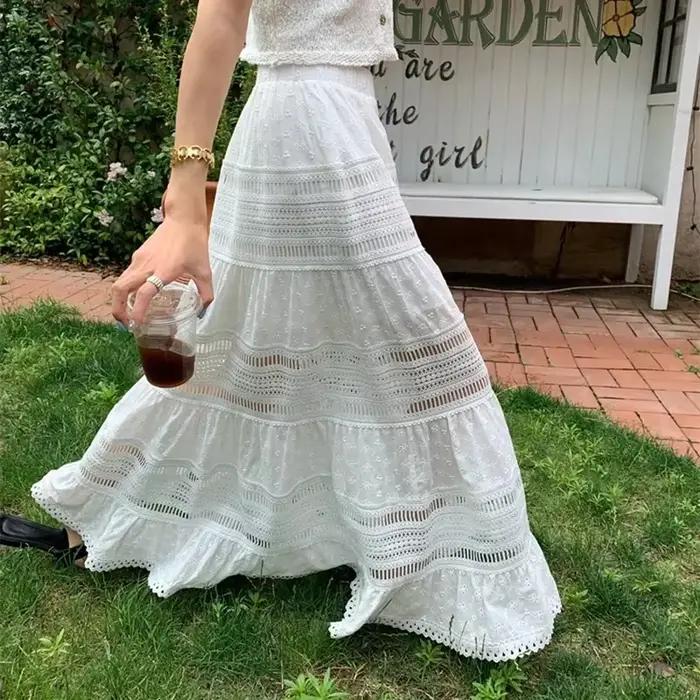 Jupe Maxi Découpée À Œillets Brodés En Polyester Style Bohème Pour Vacances D'été Occasions Spéciales