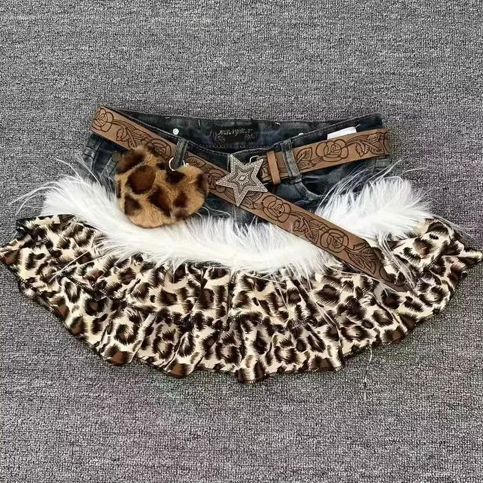 Jupe en jean marron imprimé léopard