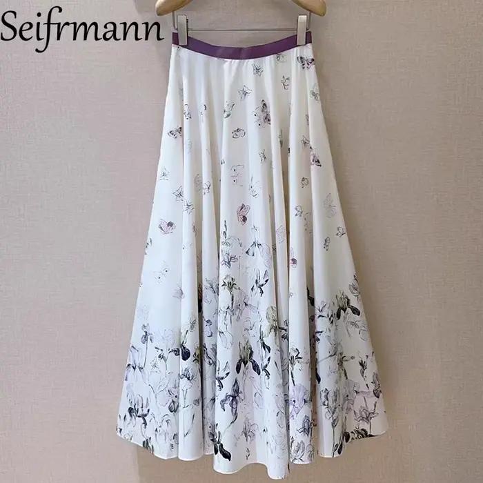 Seifrmann 2026 printemps femmes nouvelle mode et élégante Iris papillon imprimé coton a-ligne demi-longueur jupe