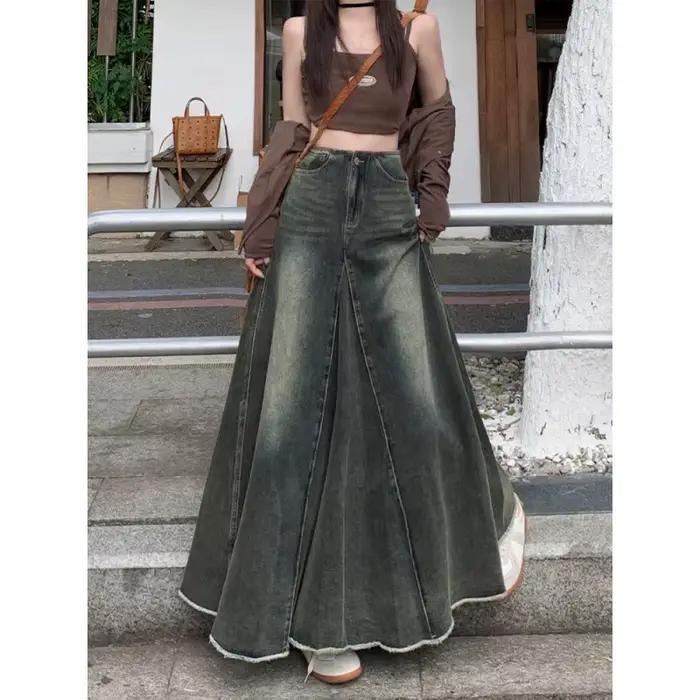 Mini-jupe en jean rétro américaine pour femme, nouvelle collection automne-hiver, taille haute, coupe ajustée, mi-longue, style A-line, jupe évasée à queue de poisson