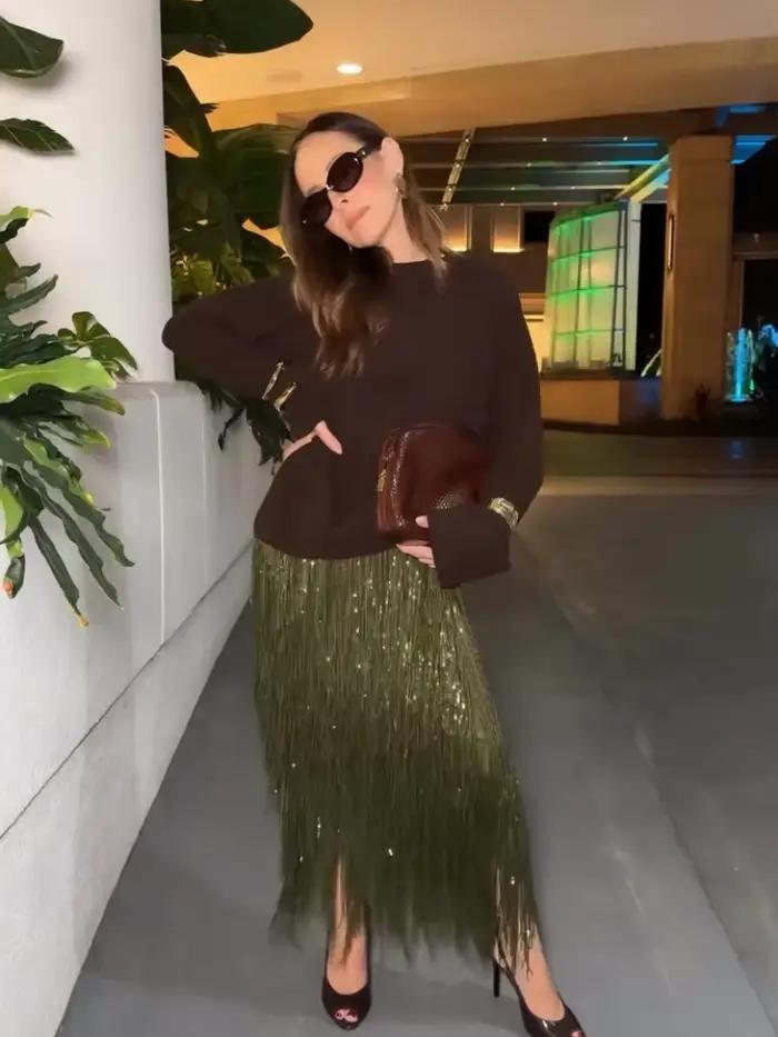 Jupe mi-longue à franges et paillettes vert Olive pour femmes, jupe de soirée à franges scintillantes pour soirée, Clubwear, Festival 2025, nouvelles jupes Sexy pour dames