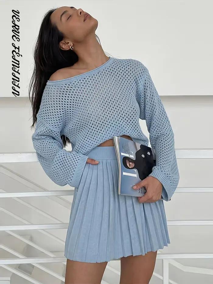 Ensemble haut tricoté ajouré et mini-jupe plissée pour femme, hauts amples à manches longues col rond sexy, jupes à taille élastique, tenues chics pour femmes