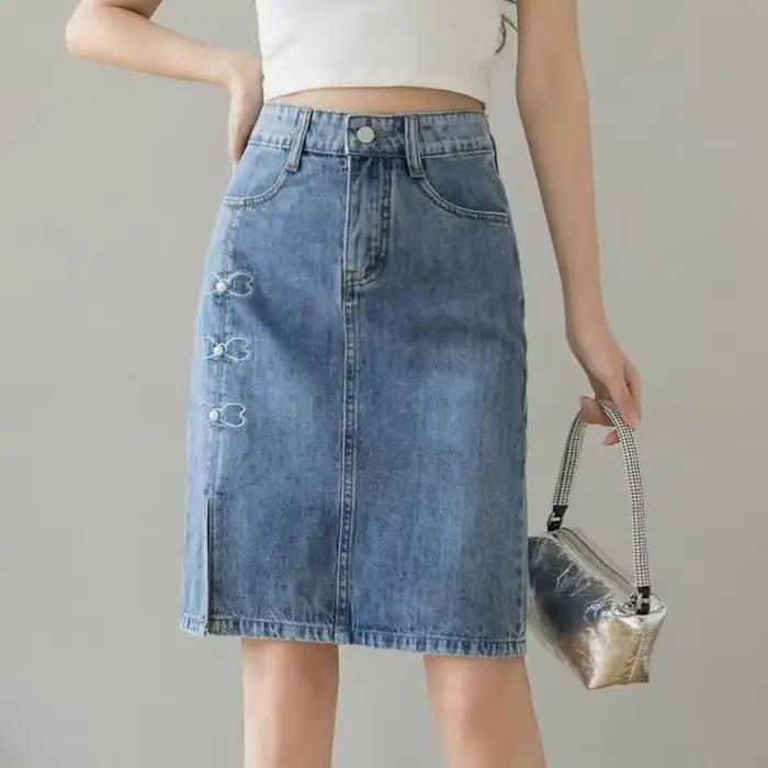 Jupe en jean mi-longue avec poche pour femme, vêtements trapèze mignons, jupes en jean femme, chic potelé, élégant, modeste, vente, Kawaii