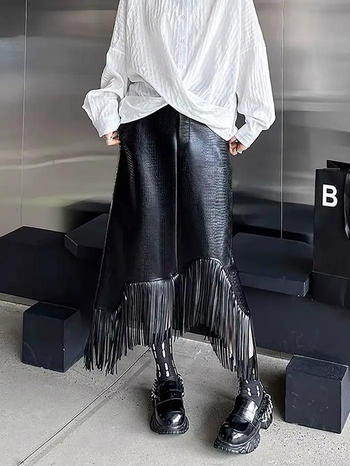 [EWQ] taille élastique jupe à franges noir à la mode vêtements pour femmes élégant