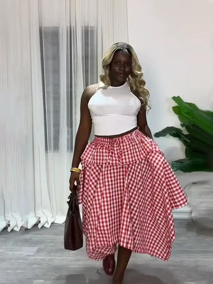 Jupe longue plissée évasée taille haute pour femme, coupe trapèze, asymétrique, décontractée d'été, à taille élastique, à carreaux