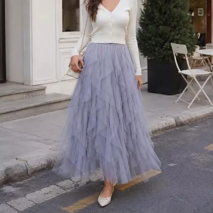 Jupe longue plissée en tulle et maille pour femme 2026
