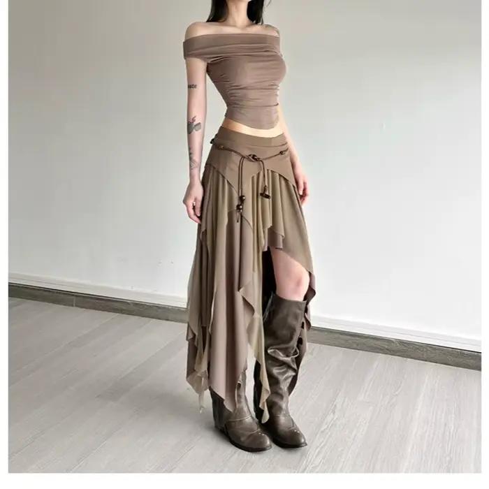 Froncé élégant jupes longues femmes haute rue Style solide irrégulière ourlet fendu taille