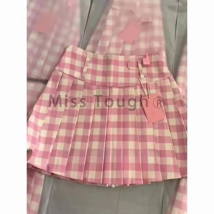 Jupe plissée à carreaux rose pour femmes