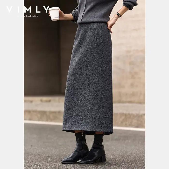 Jupe simple VIMLY pour femme, collection Printemps-Automne 2026, gris, paillettes fines, décontractée, taille élastique, coupe trapèze, longueur midi, vêtements féminins A3509