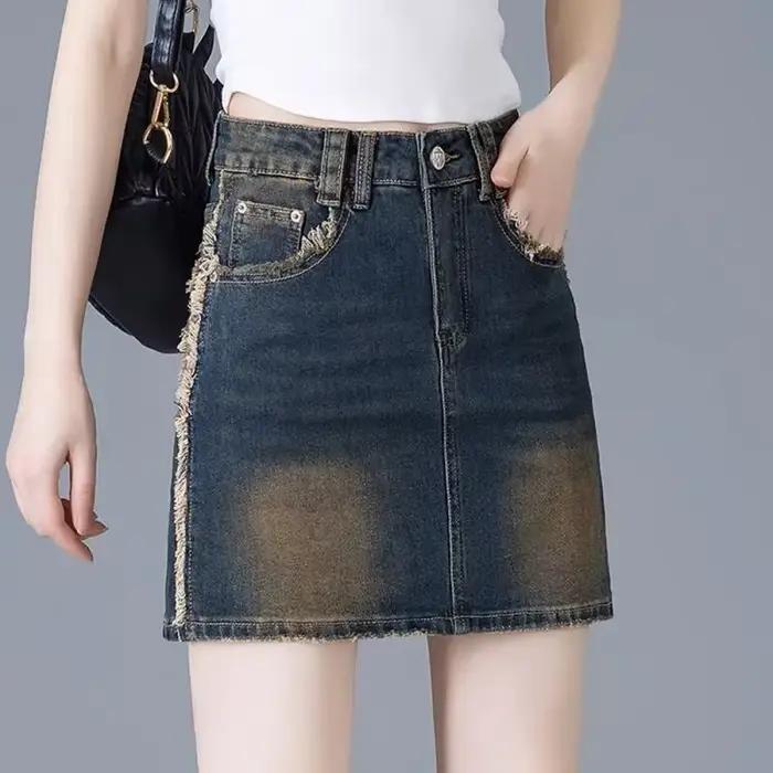 Jupe en jean femme rétro taille haute frange