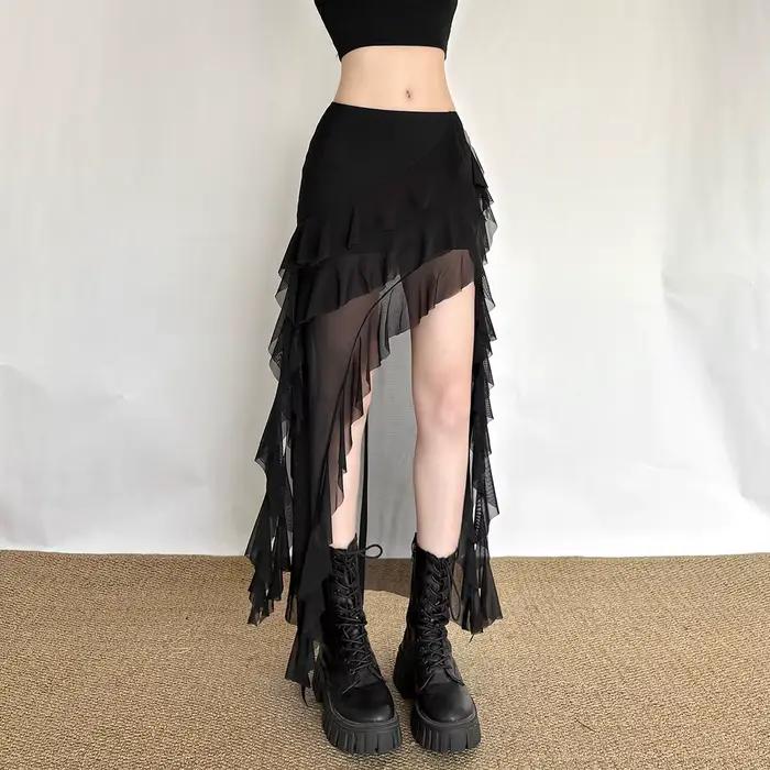Jupe mi-longue décontractée style urbain cool avec franges taille basse pour femme