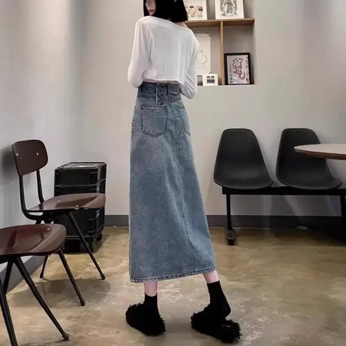 Jupe mi-longue en jean taille haute pour femme