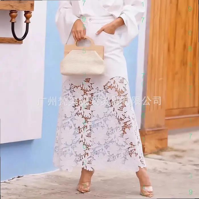 Jupe en jean à panneaux en dentelle taille haute pour femme, mode printemps-été, décontractée