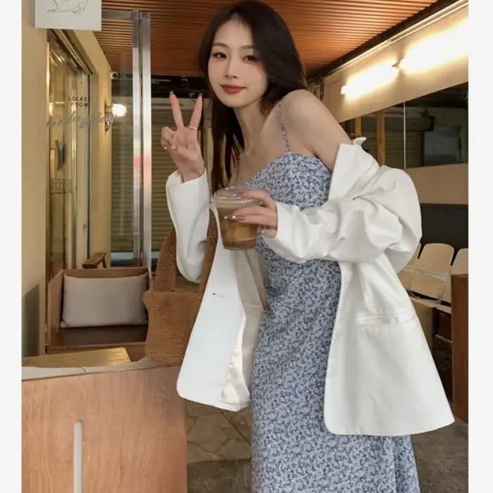Robe longue d'été pour femme, robe à fleurs bleue, style français, robe vintage pour les vacances
