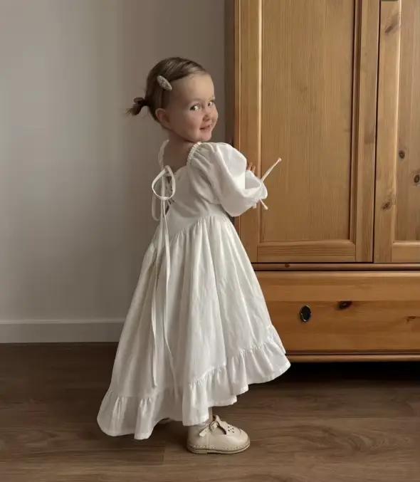 Jupe Lolita en coton et lin pour enfants, robe de princesse simple, col monochrome, rétro