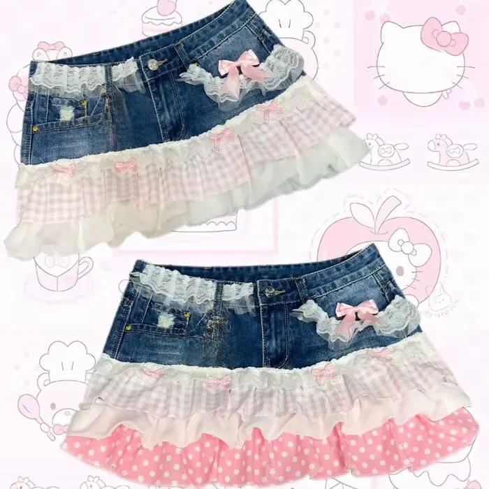 Jupe courte Y2K vintage rose patchwork en jean douce pour jeunes filles mode créateur effets gâteau dentelle pois mini au-dessus du genou occassions spéciales printemps été