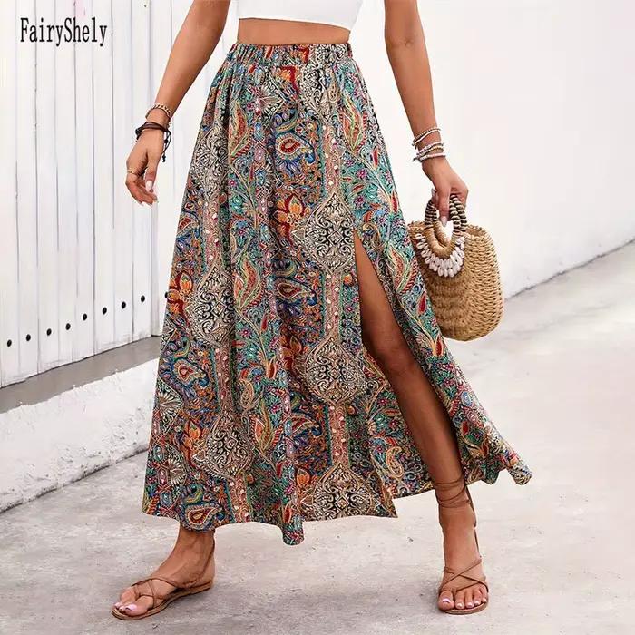 Jupe longue vintage bohème à imprimé ethnique pour femme