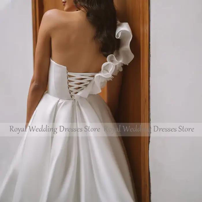 Robe de Mariée Simple en Satin à Volants avec Fleurs 3D, Ligne A, Fendue sur le Côté, pour Femme, Patients Longs, 2023