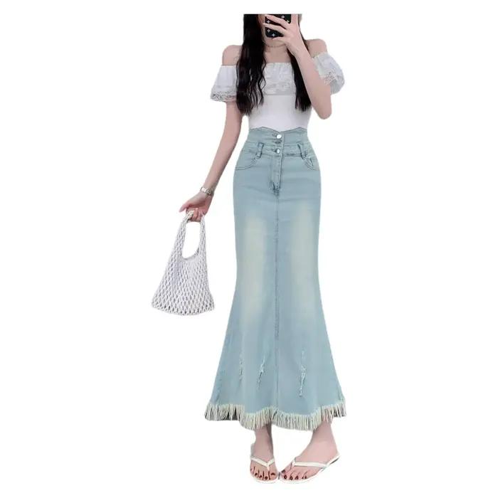 Jupe longue en jean style américain pour femme, coupe queue de poisson, taille haute, effet amincissant, ourlet rétro, design estival, style urbain