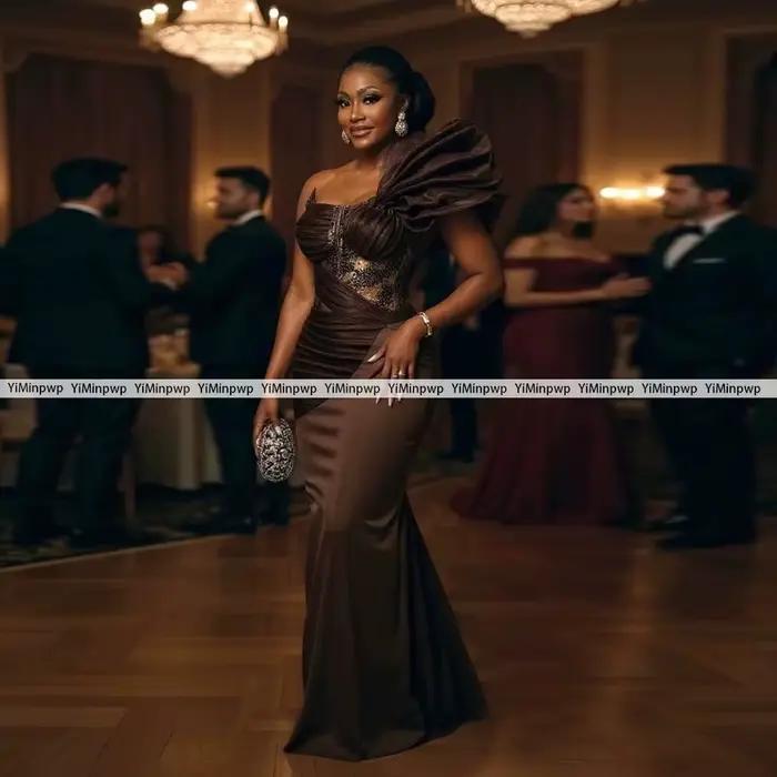 Aso Ebi – robe de soirée marron pour femmes, asymétrique épaule dénudée, plissée, robes de fête de mariage africaines, longue robe d'occasion formelle personnaliséeAso Ebi robes de soirée marron pour 