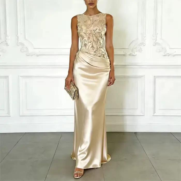 Robes de soirée roses élégantes pour femmes, col rond, sans manches, longueur au sol, avec appliques, pour occasions spéciales, robes de bal, Vestido
