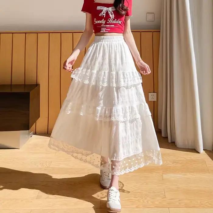 Jupe plissée mi-longue et longue en dentelle blanche pour femme