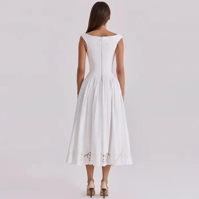 Robe midi blanche à épaules dénudées pour femme, broderie et dentelle, coupe évasée, sans manches, élégante, pour soirée d'été ou cocktail
